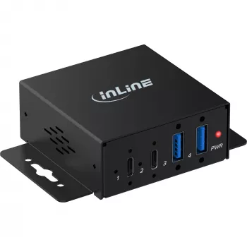 InLine® USB 3.2 Gen 2 industriālais centrmezgls, 4 porti, 2x USB-A, 2x USB-C, metāla, DIN sliedes/sienas stiprinājums, 10Gbps