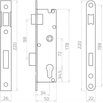PSG 63.211 L/P iekšdurvju slēdzene ar fiksatoru un aizbīdni, reversīva, 220 x 22 mm priekšplāksne, 72 mm PZ, 50 mm atstarpe, cinkots tērauds