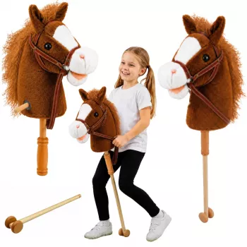LEAN TOYS Hobby Horse nūja ar zirga galvu – auļošanas un zviedzienu skaņas, brūns, 100 cm