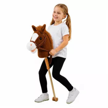 LEAN TOYS Hobby Horse nūja ar zirga galvu – auļošanas un zviedzienu skaņas, brūns, 100 cm