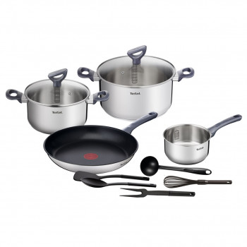 Tefal 11 daļu katlu un virtuves piederumu komplekts - 4 pannas ar vākiem un 4 instrumenti, neslīdošs pārklājums, indukcijai piemērots, melns