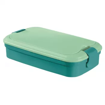CURVER Lunch&Go taisnstūra formas pusdienu bļoda ar iebūvētiem galda piederumiem, 1,4L, zila