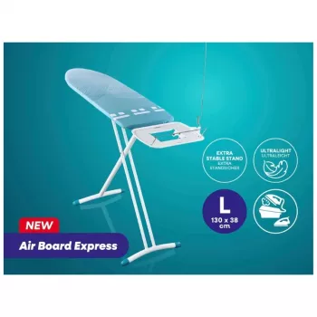 LEIFHEIT Air Board Express L Solid gludināmais dēlis 130x38 cm ar Thermo-Reflect tehnoloģiju, augstuma regulēšana 75-98 cm, salokāms, Shoulder-Fit forma, neslīdošas kājas, gludekļa turētājs, kabeļa turētājs, balts/zils