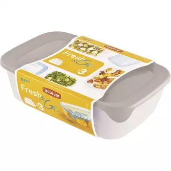Curver Fresh & Go pārtikas trauku komplekts, 3 taisnstūra formas konteineri, 2L + 1L + 0.5L, caurspīdīgi ar krāsainiem hermētiskiem vākiem