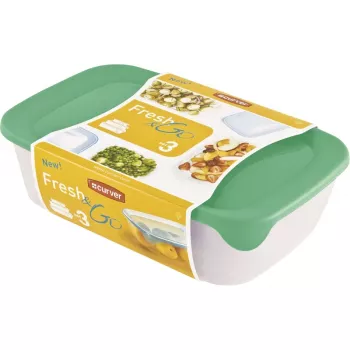Curver Fresh & Go pārtikas trauku komplekts, 3 taisnstūra formas konteineri, 2L + 1L + 0.5L, caurspīdīgi ar krāsainiem hermētiskiem vākiem