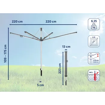 LEIFHEIT Linomatic 600 Plus rotējošais drēbju žāvētājs, 60 m žāvēšanas aukla, alumīnija rāmis, automātiska auklu ievilkšana, sudraba/pelēks