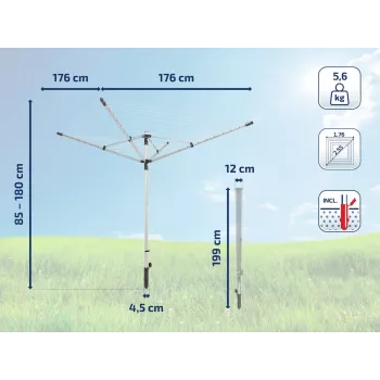 LEIFHEIT LinoLift 500 rotējošais drēbju žāvētājs, 50 m žāvēšanas aukla, alumīnija rāmis, regulējams augstums 106-179 cm, UV izturīgas auklas, zemes kontaktligzda iekļauta