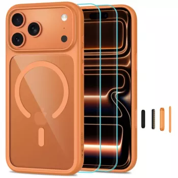 TECH-PROTECT MAGONE MagSafe vāciņš ar 2 gab. rūdīta stikla ekrāna aizsargplēvēm iPhone 17 Pro / 18 Pro - Cosmic Orange/Clear