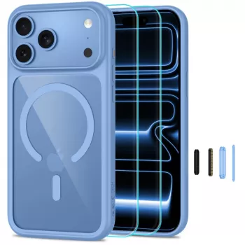 TECH-PROTECT MAGONE MagSafe caurspīdīgais maciņš ar 2 komplekta stikla ekrāna aizsargplēvēm iPhone 17 Pro Max / 18 Pro Max - gaiši zils