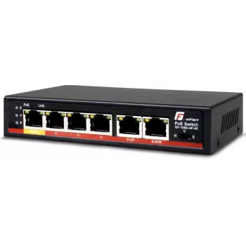 GETFORT GF-106D-4P-65 6 portu Fast Ethernet PoE+ komutators ar 4 PoE portiem un 2 uplink portiem, 65W budžets, metāla korpuss