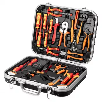 NEO TOOLS 25 priekšmetu elektriķa instrumentu komplekts, VDE izolēti rokas instrumenti ar sprieguma testeri, vadu noņēmēju, knaiblēm, skrūvgriežiem un aksesuāriem izturīgā plastmasas koferī