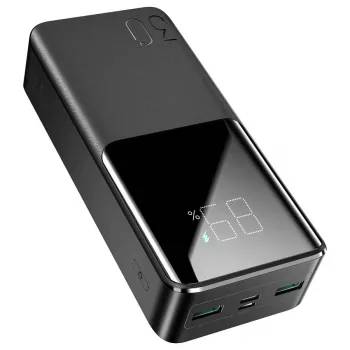 JOYROOM JR-QP193 30000 mAh 22,5W Power Bank ar digitālo displeju, PD3.0/QC3.0, 3 izejas (2 USB-A + 1 USB-C), 2 ieejas (USB-C + Micro USB), melns