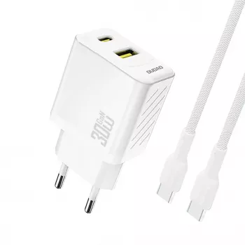Dudao A27TCEU PD 30W GaN sienas lādētājs ar USB-A, USB-C un USB-C kabeli - balts