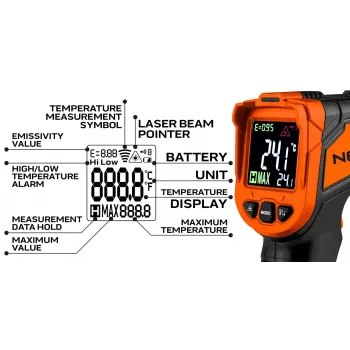 NEO TOOLS 75-276 pirometrs, bezkontakta infrasarkanais termometrs ar divkāršu lāzera mērķēšanu, -50°C līdz 880°C, 12:1 D:S, regulējama emisivitāte, apgaismots LCD