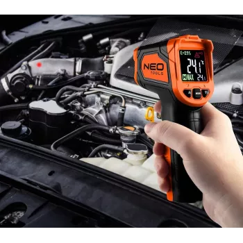 NEO TOOLS 75-276 pirometrs, bezkontakta infrasarkanais termometrs ar divkāršu lāzera mērķēšanu, -50°C līdz 880°C, 12:1 D:S, regulējama emisivitāte, apgaismots LCD