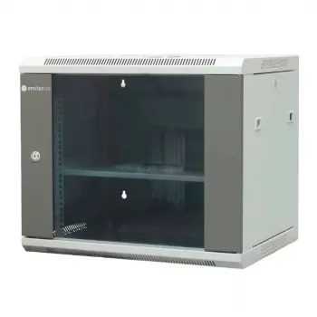 EMITER EM/AP6409 9U sienas montāžas tīkla skapis 19 collas 600x450x500 mm pelēks, rūdīta stikla durvis, slēdzams