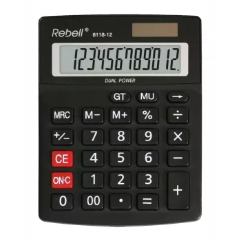 REBELL RE-8118-12 BX pussolārais kalkulators, 12 ciparu leņķiskais LCD, divkāršā barošana: saules baterija un baterija, melns