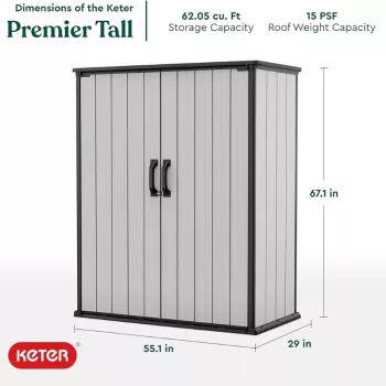 Keter Premier Tall dārza skapis 29209552 – bēšā/brūnā krāsā, sveķu uzglabāšanas šķūnis, 1700L, dubultsienu, slēdzams