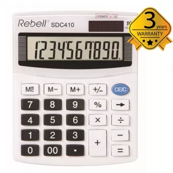 REBELL RE-SDC410 BX pussemi-desktop kalkulators, 10 ciparu LCD, divkāršā barošana (saules un baterija), melns