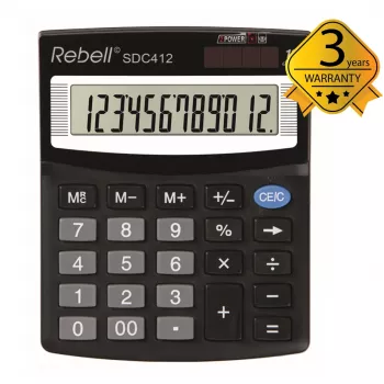 REBELL RE-SDC412 BX galda kalkulators, 12 ciparu LCD, divu veidu barošana, melns