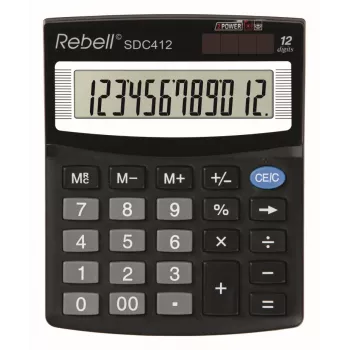 REBELL RE-SDC412 BX galda kalkulators, 12 ciparu LCD, divu veidu barošana, melns