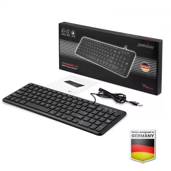 Perixx PERIBOARD-213 DE B vadu USB tastatūra, vācu izkārtojums (QWERTZ), šķērveida slēdži, melna