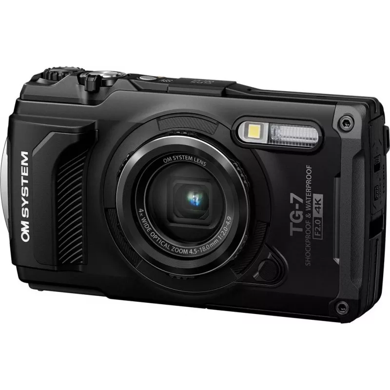 OM System Tough TG-7 melnais izturīgais kompaktais fotoaparāts, 12 MP, 4K video, ūdensnecaurlaidīgs 15m