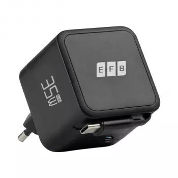 EFB Elektronik G352CE 35W GaN USB-C sienas lādētājs ar ievelkamu 0,7 m kabeli, PD3.0 un QC3.0, melns