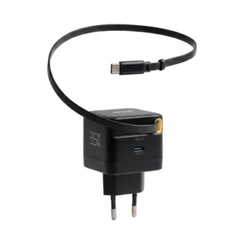 EFB Elektronik G352CE 35W GaN USB-C sienas lādētājs ar ievelkamu 0,7 m kabeli, PD3.0 un QC3.0, melns