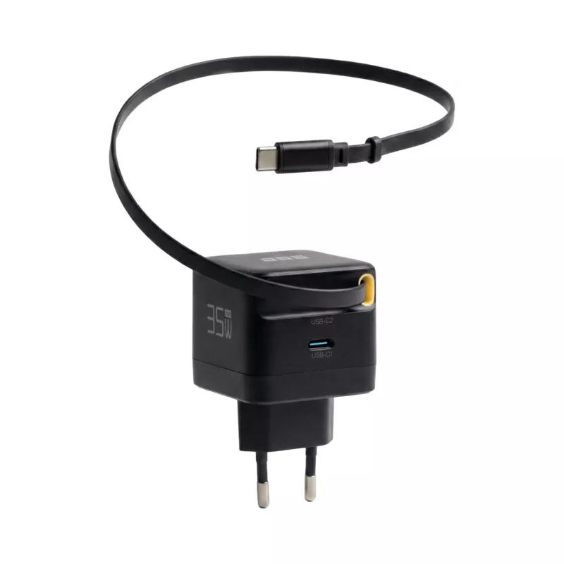 EFB Elektronik G352CE 35W GaN USB-C sienas lādētājs ar ievelkamu 0,7 m kabeli, PD3.0 un QC3.0, melns