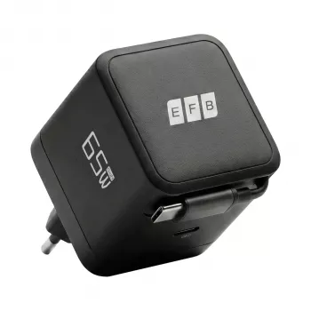 EFB Elektronik G652CE 65W GaN USB-C PD 3.0 sienas lādētājs ar ievelkamu kabeli, melns