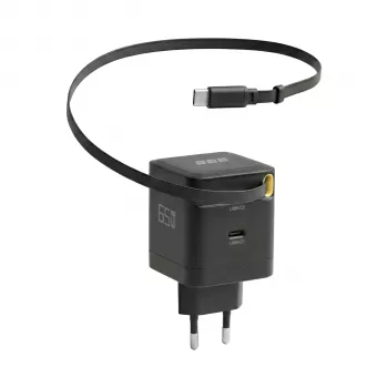 EFB Elektronik G652CE 65W GaN USB-C PD 3.0 sienas lādētājs ar ievelkamu kabeli, melns