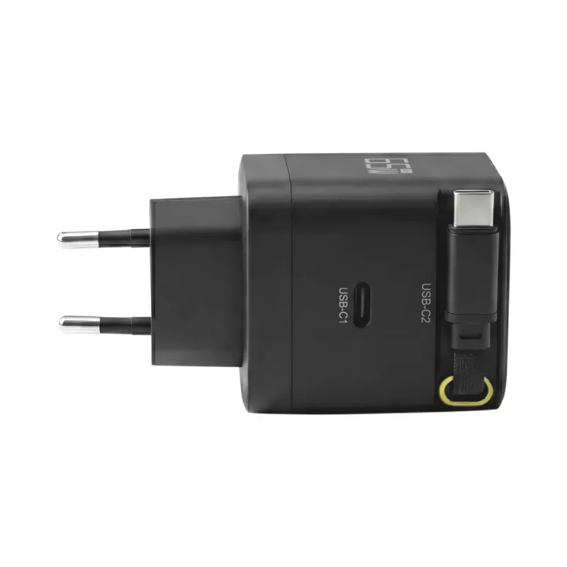EFB Elektronik G652CE 65W GaN USB-C PD 3.0 sienas lādētājs ar ievelkamu kabeli, melns