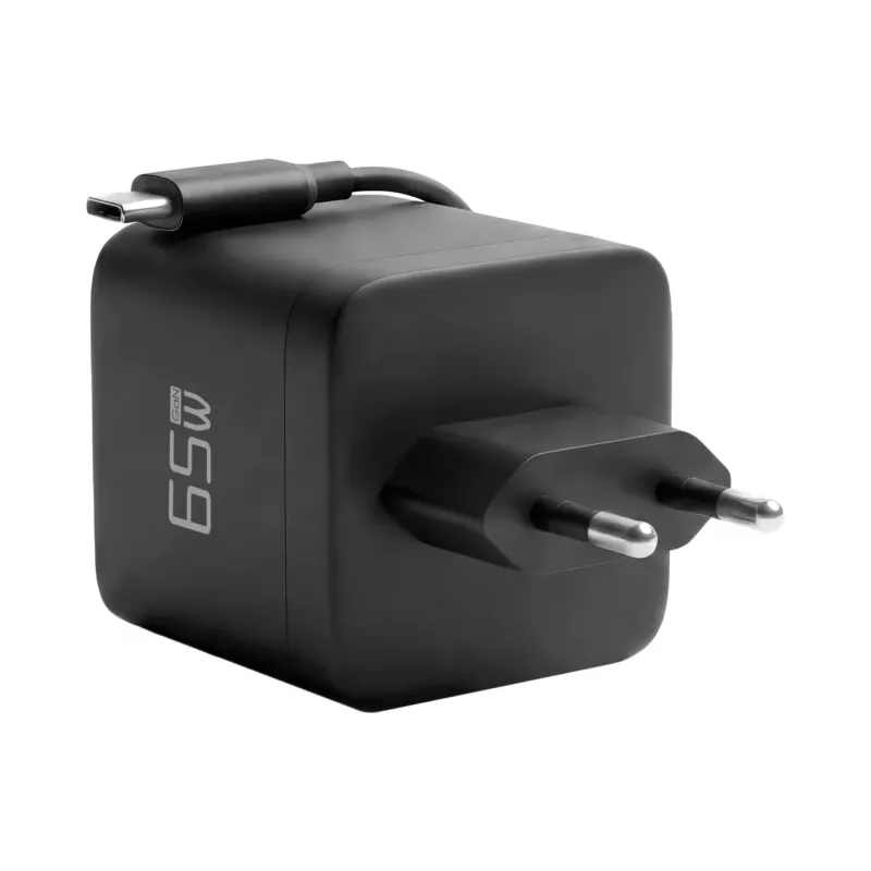 EFB Elektronik G652CE 65W GaN USB-C PD 3.0 sienas lādētājs ar ievelkamu kabeli, melns