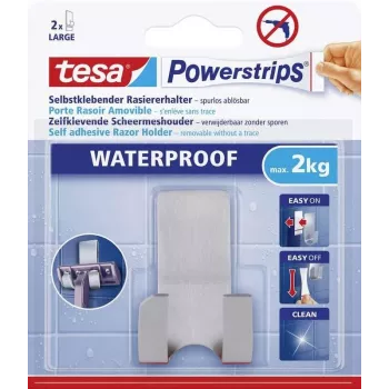 tesa Powerstrips skuvekļa turētājs WAVE WATERPROOF, nerūsējošais tērauds, mitrām vietām (dušai/vannas istabai), 1 gab.