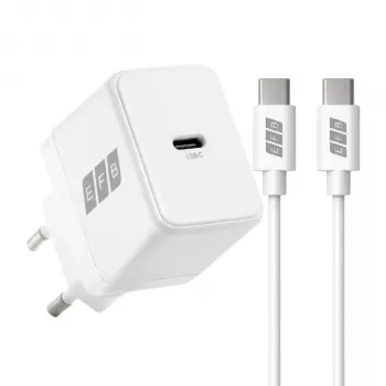 EFB Elektronik G201CE 20W USB-C GaN sienas lādētāja komplekts ar 2m USB-C kabeli, PD3.0 un QC3.0, balts