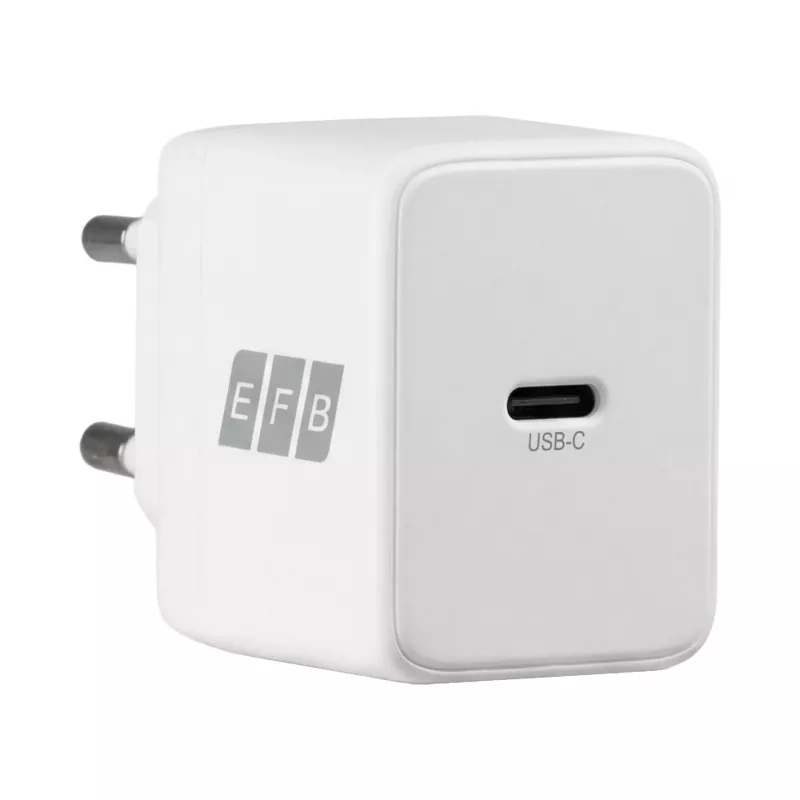 EFB Elektronik G201CE 20W USB-C GaN sienas lādētāja komplekts ar 2m USB-C kabeli, PD3.0 un QC3.0, balts