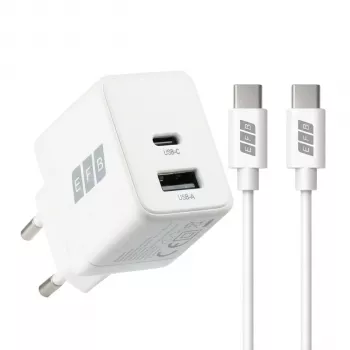 EFB Elektronik G201A1CE 20W GaN USB-C PD3.0 + USB-A QC3.0 sienas lādētāja komplekts ar 2m USB-C kabeli, balts