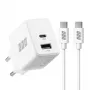 EFB Elektronik G201A1CE 20W GaN USB-C PD3.0 + USB-A QC3.0 sienas lādētāja komplekts ar 2m USB-C kabeli, balts