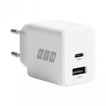EFB Elektronik G201A1CE 20W GaN USB-C PD3.0 + USB-A QC3.0 sienas lādētāja komplekts ar 2m USB-C kabeli, balts