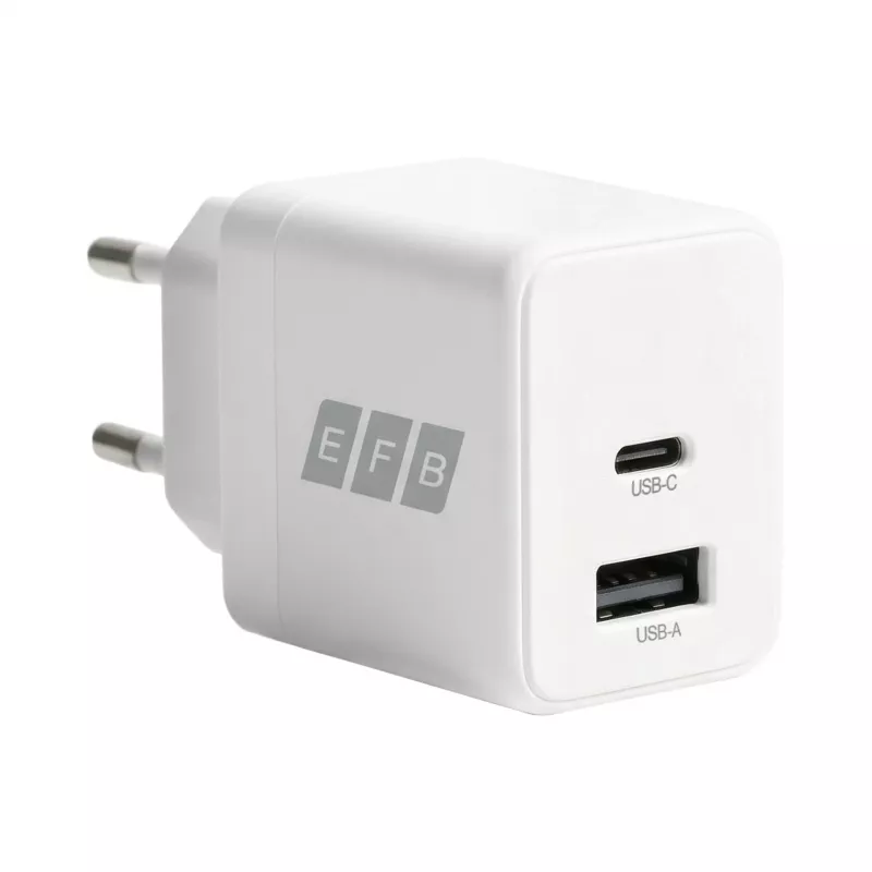 EFB Elektronik G201A1CE 20W GaN USB-C PD3.0 + USB-A QC3.0 sienas lādētāja komplekts ar 2m USB-C kabeli, balts