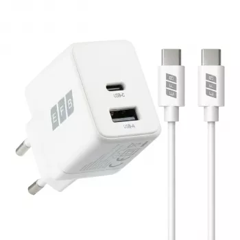 EFB Elektronik G301A1CE 30W GaN USB-C PD3.0 + USB-A QC3.0 sienas lādētājs ar 2m USB-C kabeli, balts