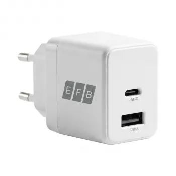 EFB Elektronik G301A1CE 30W GaN USB-C PD3.0 + USB-A QC3.0 sienas lādētājs ar 2m USB-C kabeli, balts