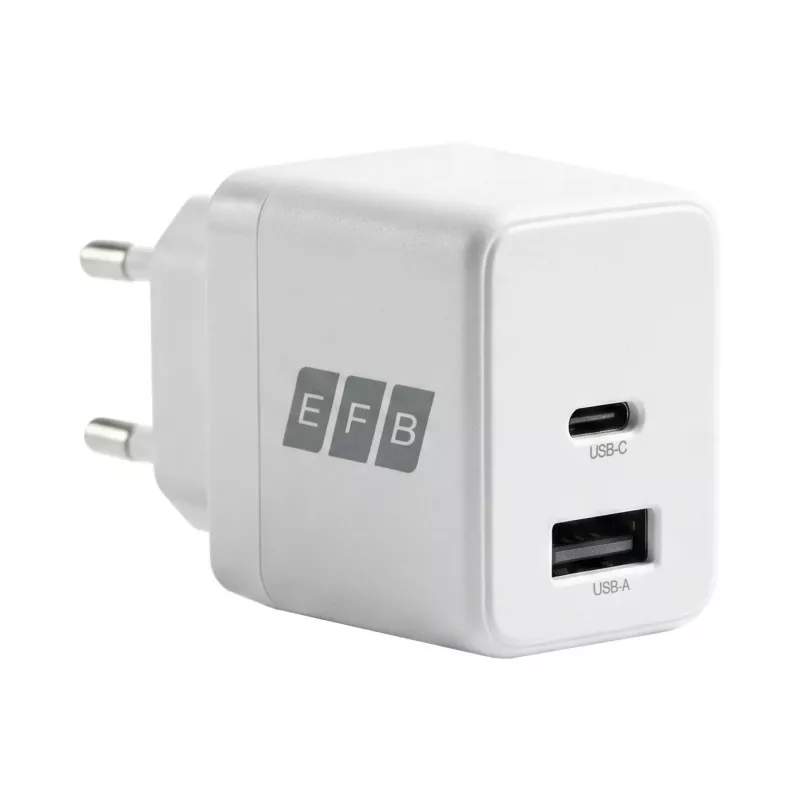 EFB Elektronik G301A1CE 30W GaN USB-C PD3.0 + USB-A QC3.0 sienas lādētājs ar 2m USB-C kabeli, balts
