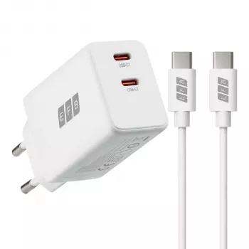 EFB Elektronik G452CE 45W Dual USB-C GaN sienas lādētājs ar 2m USB-C kabeli, balts