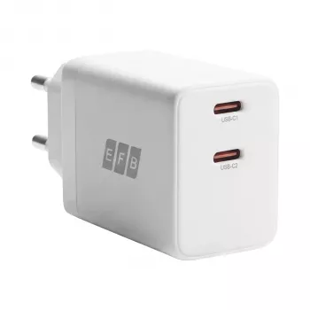 EFB Elektronik G452CE 45W Dual USB-C GaN sienas lādētājs ar 2m USB-C kabeli, balts