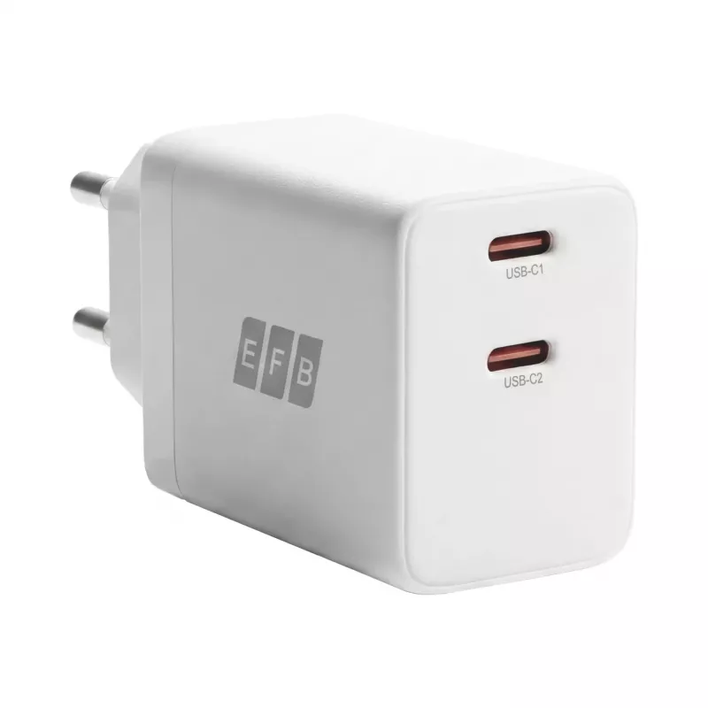 EFB Elektronik G452CE 45W Dual USB-C GaN sienas lādētājs ar 2m USB-C kabeli, balts