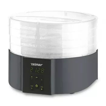 Zelmer ZFD2025 pārtikas žāvētājs, 5 paplātes, 520 W, elektroniskā temperatūras kontrole 35–70°C, taimeris 1–48 h, LED displejs, balts/pelēks