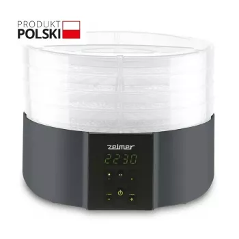 Zelmer ZFD2025 pārtikas žāvētājs, 5 paplātes, 520 W, elektroniskā temperatūras kontrole 35–70°C, taimeris 1–48 h, LED displejs, balts/pelēks