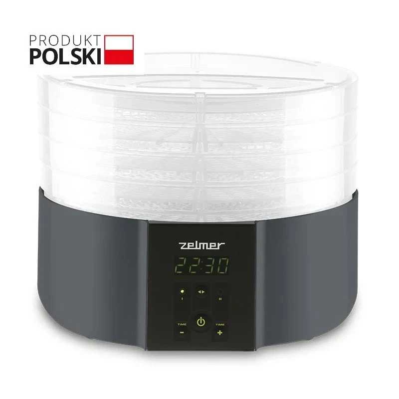 Zelmer ZFD2025 pārtikas žāvētājs, 5 paplātes, 520 W, elektroniskā temperatūras kontrole 35–70°C, taimeris 1–48 h, LED displejs, balts/pelēks